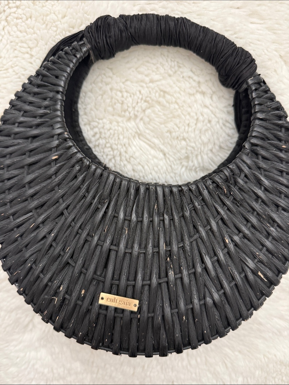 cult gaia black woven crescent tote with gold plaque